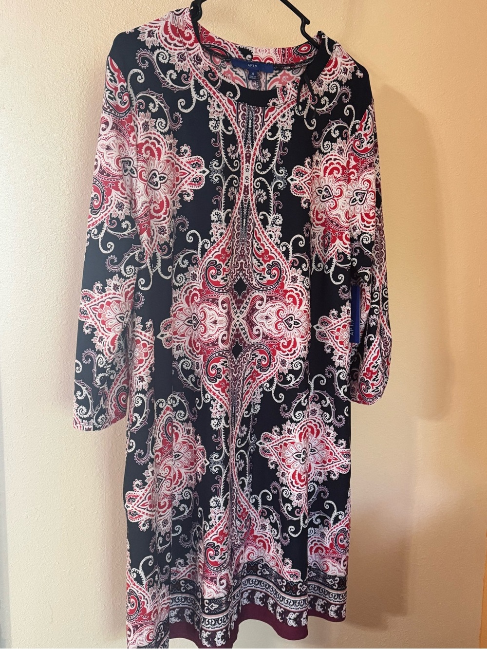 Apt. 9 Navy, Red and White Paisley Long Sleeve Shift Dress